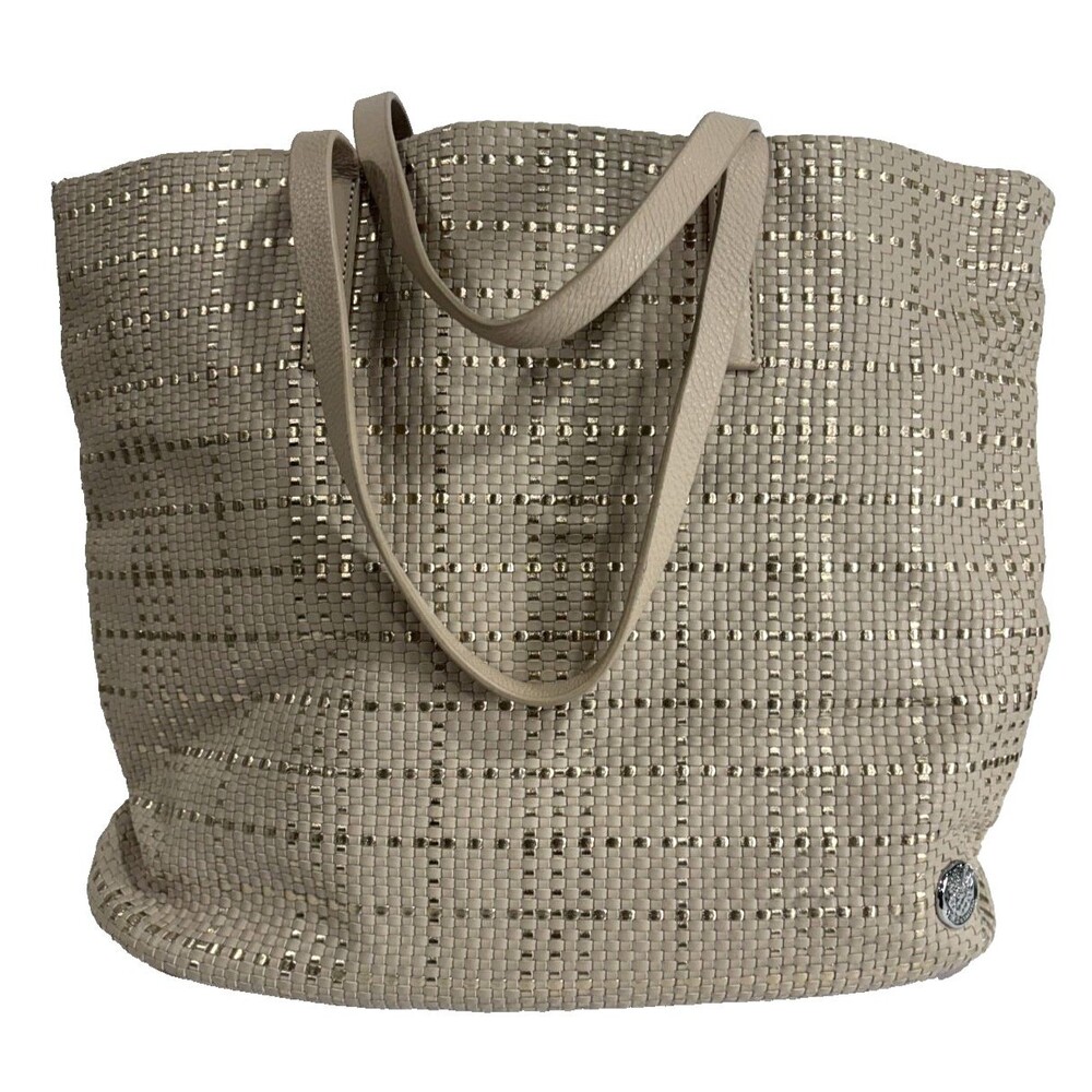 Vince Camuto Leather Woven Tote Handbag Hobo Bag Beige Gold tassel Charm *** - Picture 2 of 9